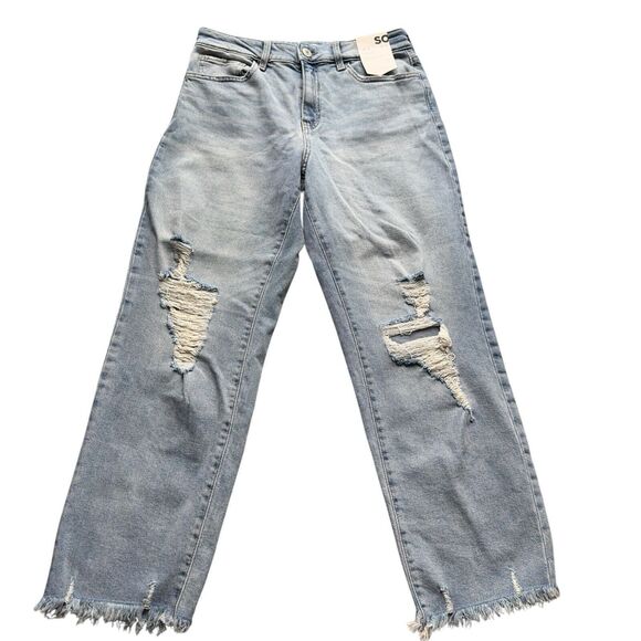 Womens High-Rise Straight Leg Jeans 11/30W Stretch Light Wash Distressed - Picture 2 of 15